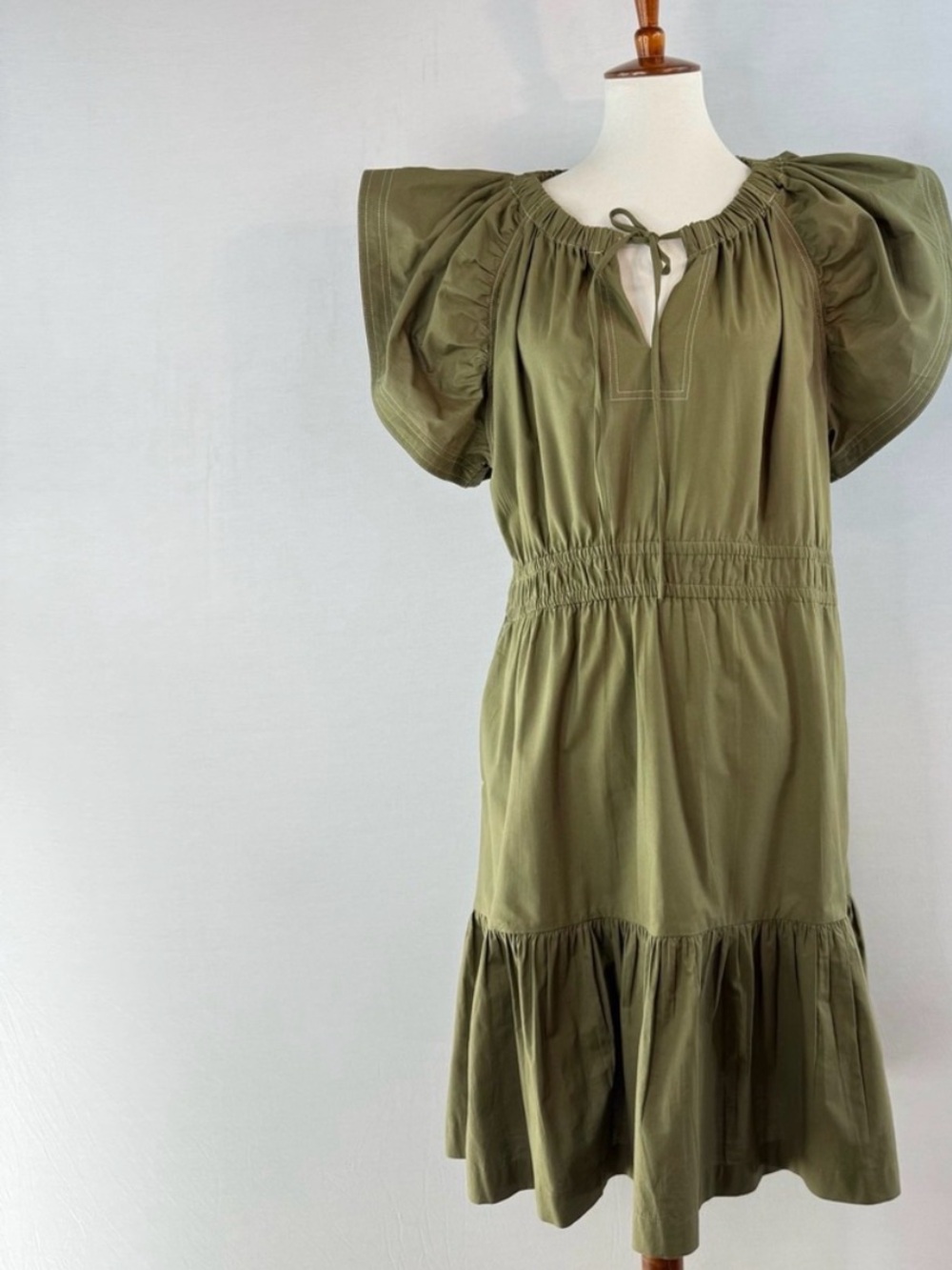Joe Fresh Olive Green Puff-Sleeve Tiered Midi Dress